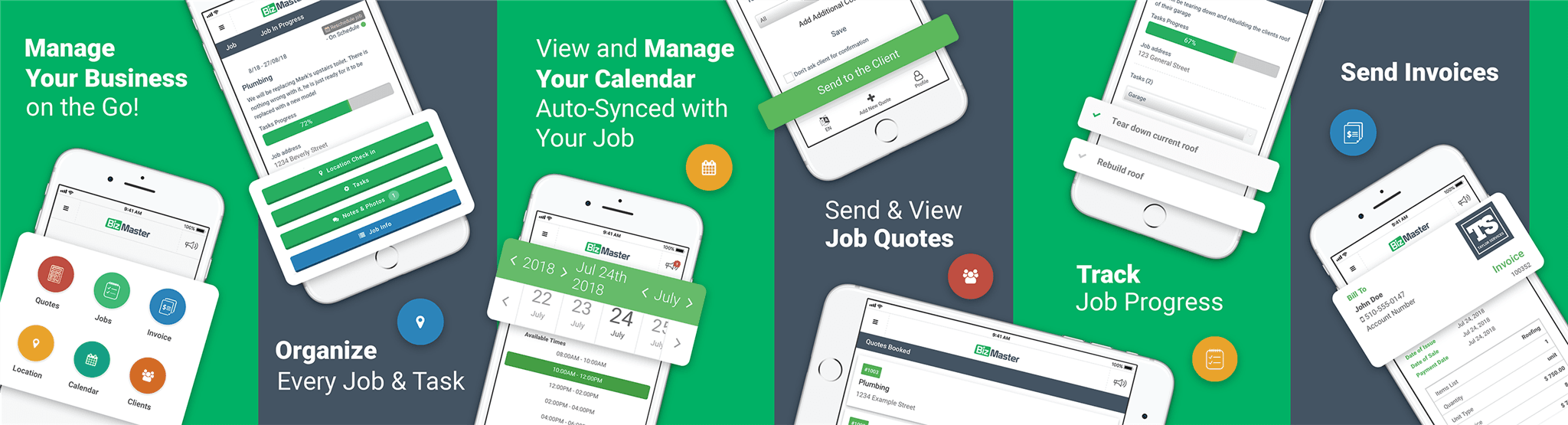 Legacy BizMaster product banner showing jobs, calendar, quotes, progress, and invoices